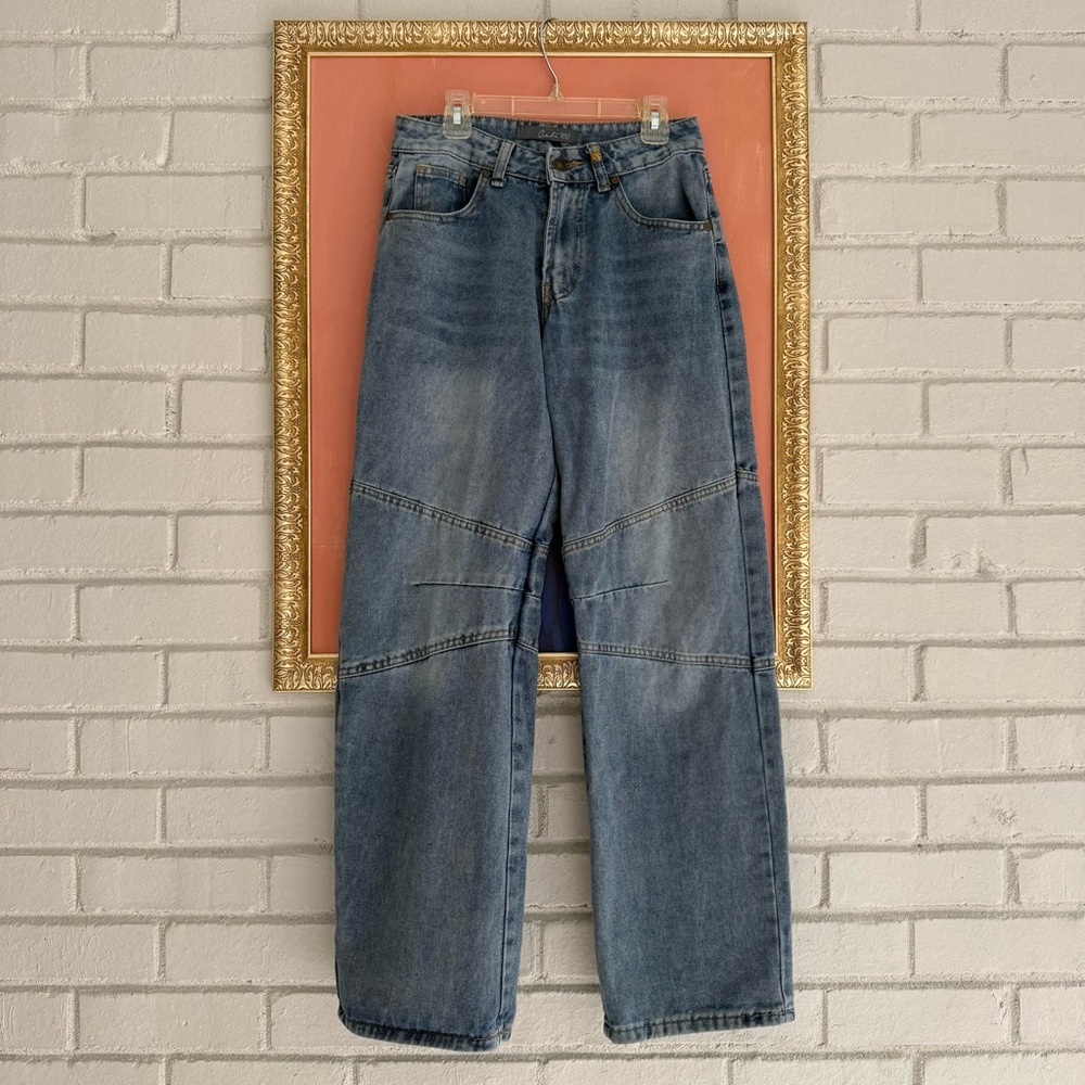 Cali1850 high rise medium wash blue denim barrel jeans